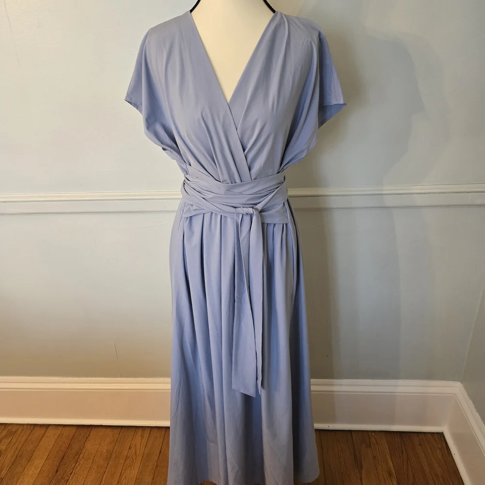 HALARA Light Blue Midi Wrap Dress Soft Smooth Knit. Its A Nod To A Diane Von Fur - Picture 1 of 3